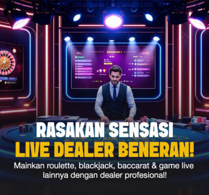 Dealer pria profesional di meja live casino dengan tampilan layar digital, chip taruhan, dan suasana modern berkelas.