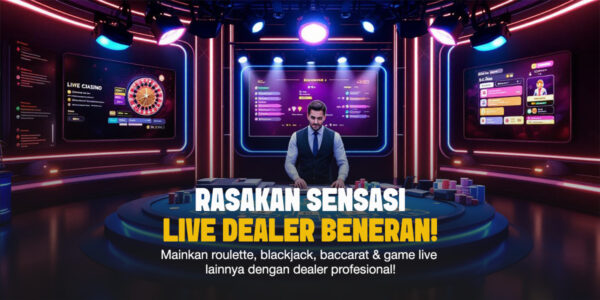 Dealer pria profesional di meja live casino dengan tampilan layar digital, chip taruhan, dan suasana modern berkelas.